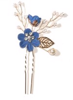 Hårnåle; 2 x hårnåle med  doebbelt blomst og perler, guld/kongeblå